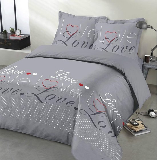 Beddengoed Love Grey, dekbedovertrek 260 x 240 cm en 2 bijpassende kussenslopen, 100% katoen