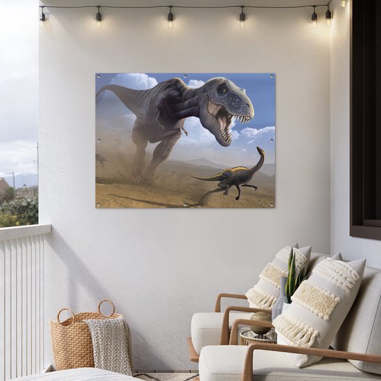 Affiche de jardin Dino - Animaux sauvages - Dessin - Enfants - Garçons - Enfants - 130x90 cm - Décoration murale Extérieur - Affiche de jardin - Toile de jardin - Affiche de clôture - Peinture de jardin