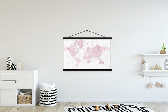 Affiche scolaire - Carte du Wereldkaart - Rose - Marbre - 150x100 cm - Lattes noires