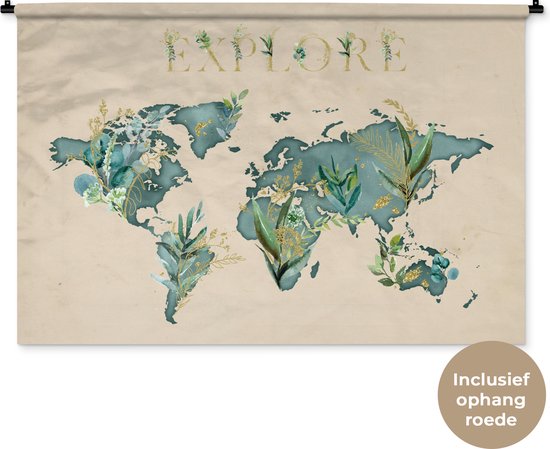 Wandkleed WereldkaartenKerst illustraties - Wereldkaart met blauwe waterverf versierd met tropische bladeren en het woord explore Wandkleed katoen 120x80 cm - Wandtapijt met foto