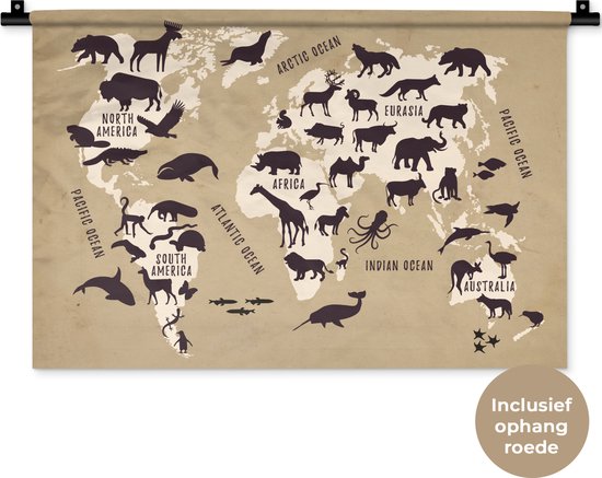 Wandkleed WereldkaartenKerst illustraties - Wereldkaart op lichtbruine achtergrond met illustraties van silhouetten van dieren Wandkleed katoen 60x40 cm - Wandtapijt met foto