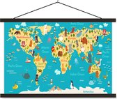 Wereldkaart voor kinderen schoolplaat platte latten zwart 60x40 cm - Foto print op textielposter (wanddecoratie woonkamer/slaapkamer)