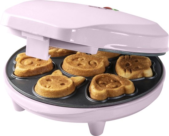 Bestron Wafelijzer voor Mini Cookies, Cakemaker voor mini cakes, met bakindicatielampje & antiaanbaklaag, koekjes in dierenvorm, 700 Watt, kleur: roze