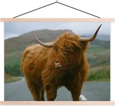 Posterhanger incl. Poster 40x30 cm - Schoolplaat - Schotse Hooglander - Berg - Weg - Textielposter - Blanke latten