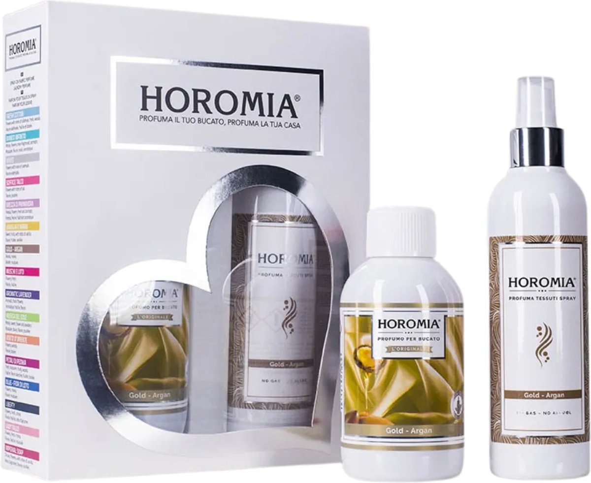 Goedkoopste Horomia Geschenkset Gold Argan - Wasparfum & Textielspray - Geur bij de Was - Parfum bij de was - Wasgeurtje - Parfum voor de Was - Geurbooster