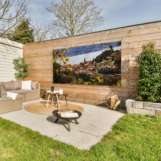 Décoration murale extérieur Lac de Garde - Ville - Feuilles - 160x80 cm - Toile de jardin - Affiche extérieure