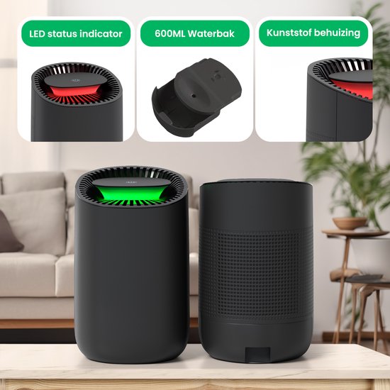Drie afbeeldingen: zwarte Strex luchtontvochtiger met rode LED, waterreservoir en detail van de behuizing.