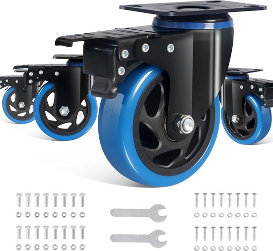 Set van 4 heavy duty wielen met rem, transportwielen 100 mm, wielen zware belasting 600 kg, industriële wielen van massief rubber en geruisloos, zwenkwielen voor binnen en buiten