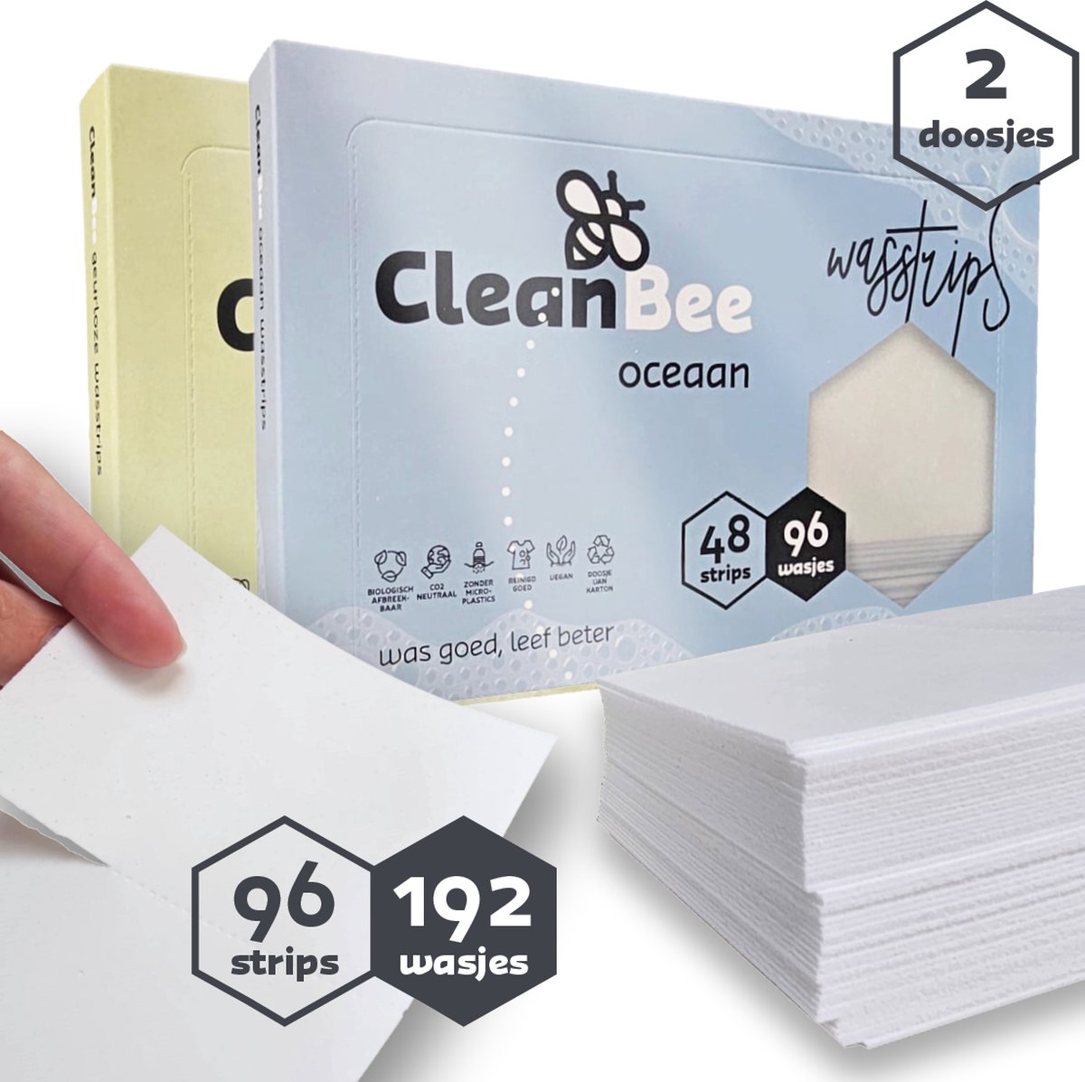 CleanBee® proefpakket 2 x 96 wasbeurten - Geurloos - Oceaan - Wasstrips - Wasmiddel Voordeelverpakking - Eco - Wasdoekjes - Duurzaam - Plasticvrij -