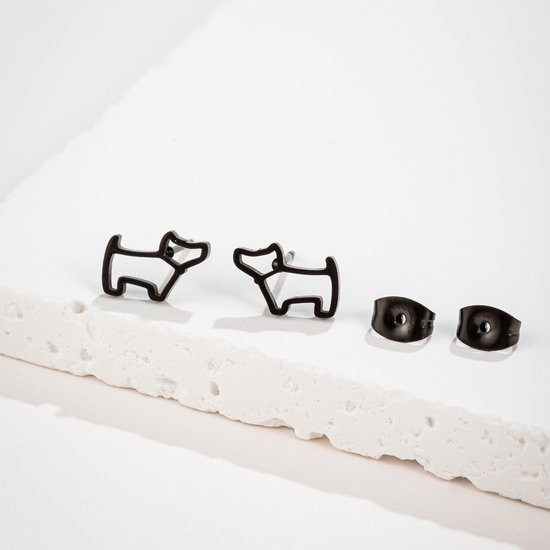 Gading® dames RVS oorknoppen met hondje-11mm-7mm-zwart