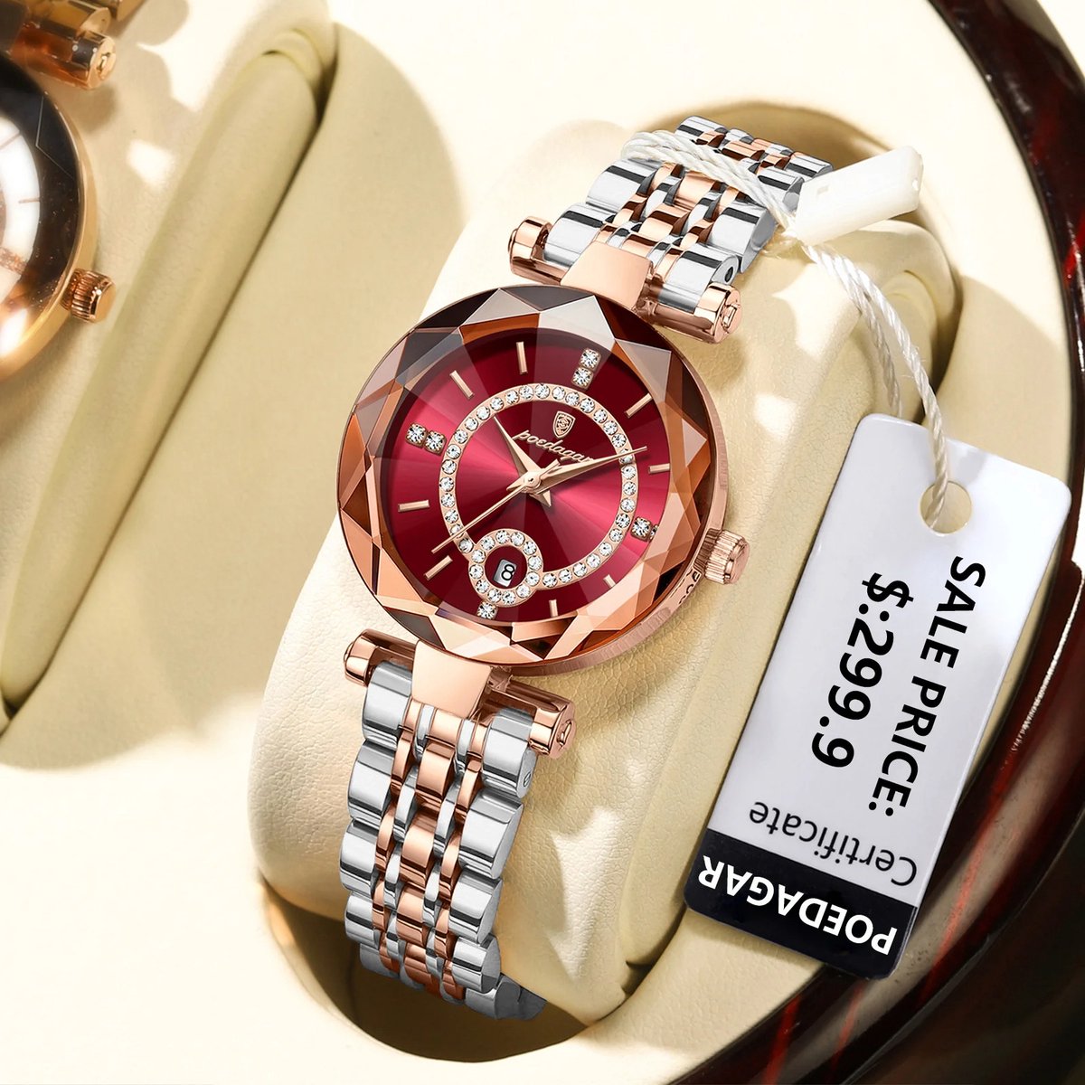 Poedagar Luxe Horloge Voor Vrouw Hoge Kwaliteit Diamant Quartz Horloge Waterdichte Datum Rvs Vrouwen Horloges Reloj + Doos - Gold Red