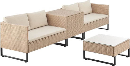 Juskys Loungeset / Tuinset Santorini - Polyrotan - Modulair - Crème - Incl. Tafel & Opbergbox