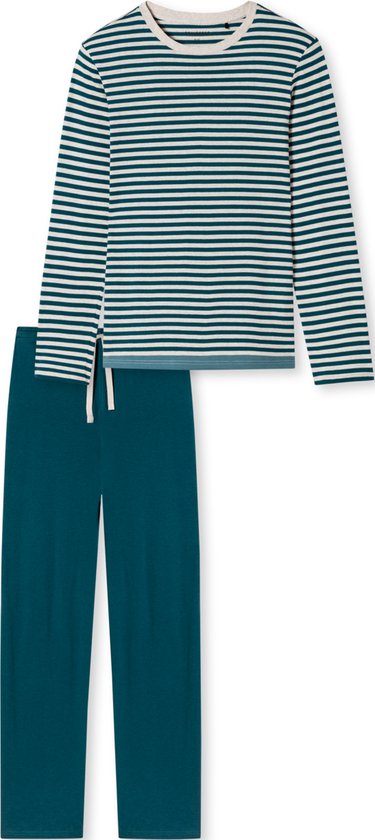 SCHIESSER Casual Nightwear pyjamaset - heren pyjama lang organic cotton strepen jeans blauw - Maat: L