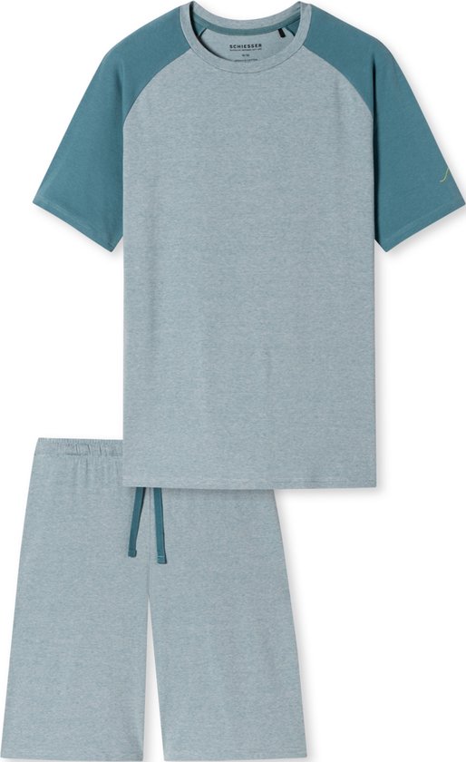 SCHIESSER 95/5 Nightwear shortamaset - heren shortama organic cotton strepen golf blauw-grijs - Maat: M