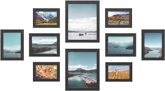 Fotoframe -set van 10 fotolijsten - 2 stuks 20 x 25 cm, 4 stuks 13 x 18 cm en 4 stuks 10 x 15 cm, gemaakt van vezelbord, zwarte RPF310H