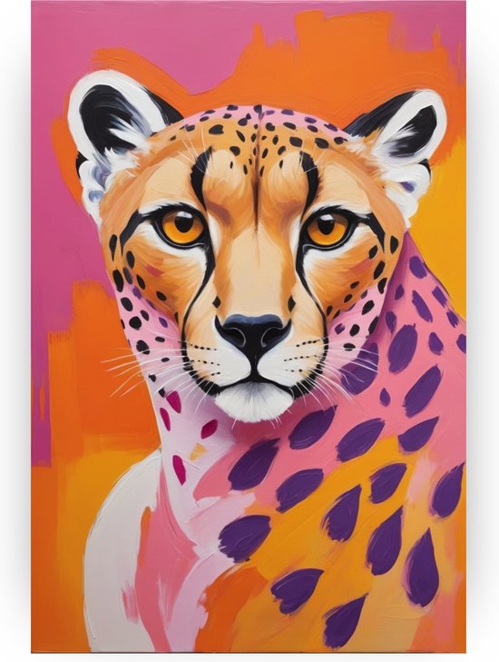 Cheeta met roze poster - Wilde dieren muurdecoratie - Poster cheeta - Wanddecoratie kinderkamer - Poster slaapkamer - Kantoor decoratie - 80 x 120 cm