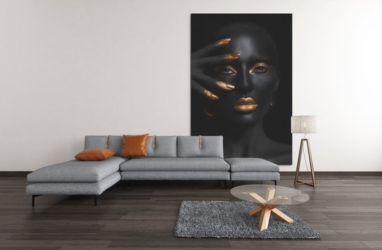 Canvas Schilderij Vrouw - Gouden Make-up - Zwart - Goud - 60x40x2 cm