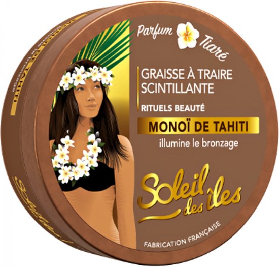 Bronzen pot met Tiaré bloemenkrans op een vrouw. Parfum 'Soleil des îles'.
