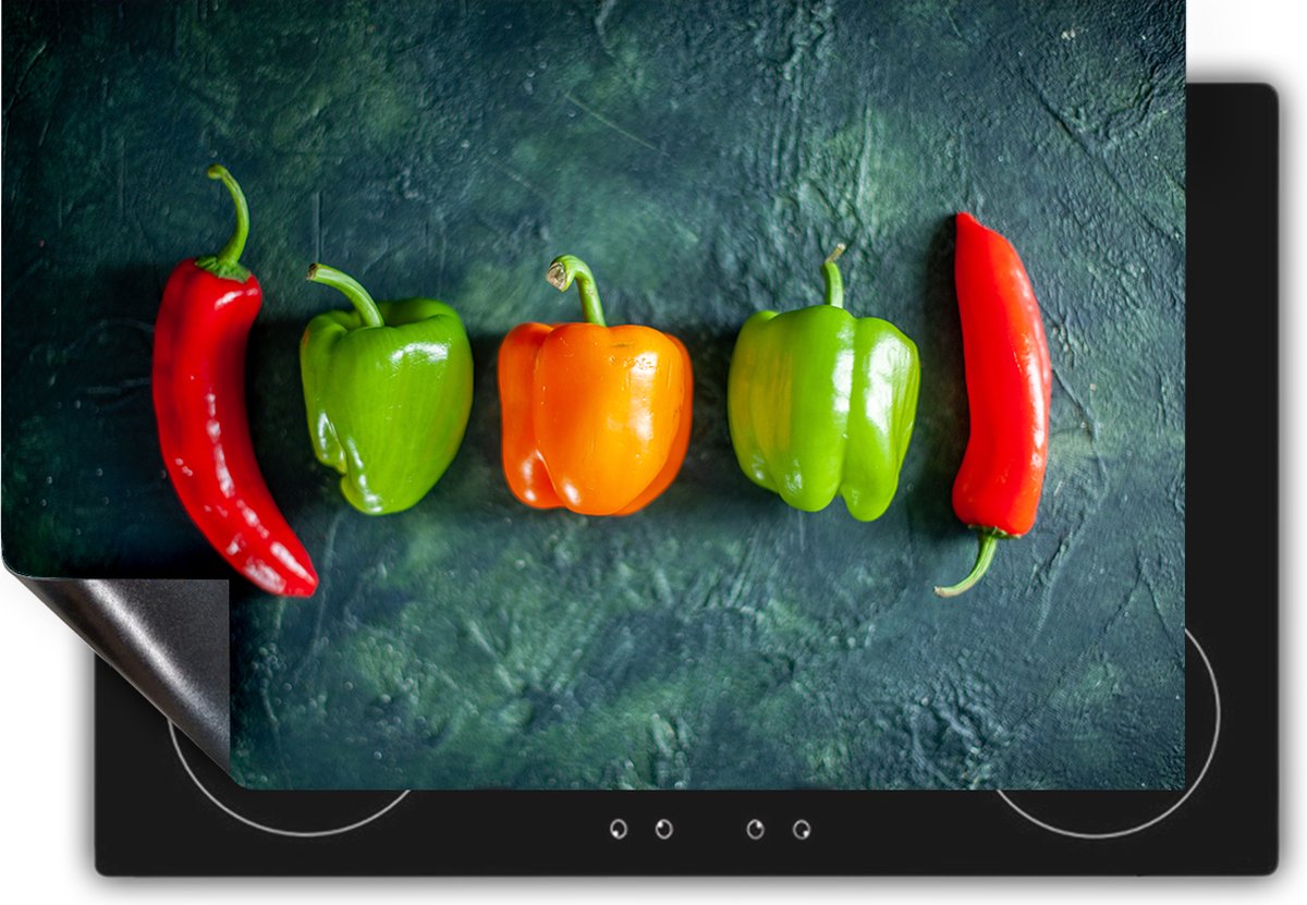 Chefcare Inductie Beschermer Vijf Paprika's op Marmer - 90x50 cm - Afdekplaat Inductie - Kookplaat Beschermer - Inductie Mat