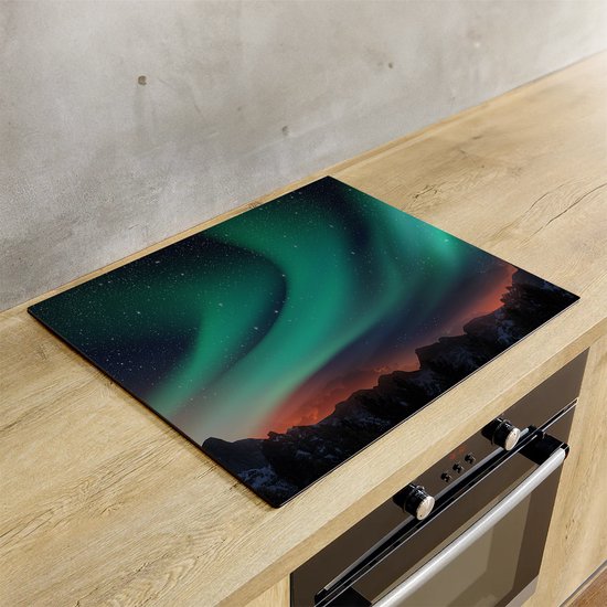 Beschermmat met een afbeelding van het Noorderlicht boven een berglandschap met sterren.