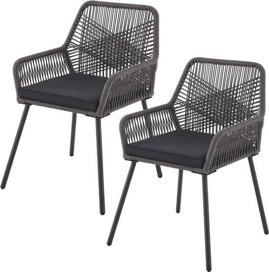 2 Stuks Tuinstoel Kastos met touwgaas - Grijs - Incl. Zitkussen