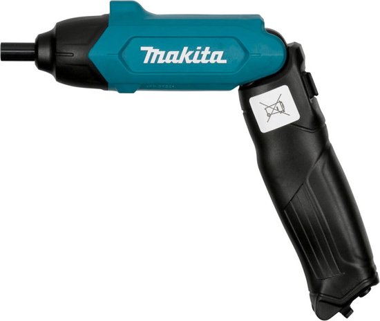 Turquoise en zwarte schroevendraaier van Makita in L-vorm.