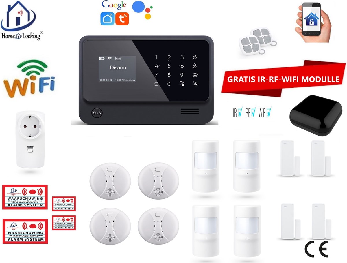 Home-Locking draadloos smart alarmsysteem wifi,gprs,sms en kan werken met spraakgestuurde apps. AC05-4zw