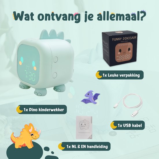 Entraîneur de sommeil - Réveil pour enfants - Réveil de sommeil - Lampe de nuit Enfants - Entraîneur de sommeil Dino - Rechargeable - Veilleuse Dino - Aide au sommeil - Vert - Omni Kids