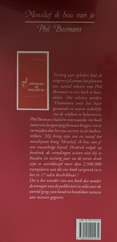 Boekomslag met de titel 'Menslief ik hou van je' van Phil Bosmans in gouden letters. Rechts staat tekst over het boek.
