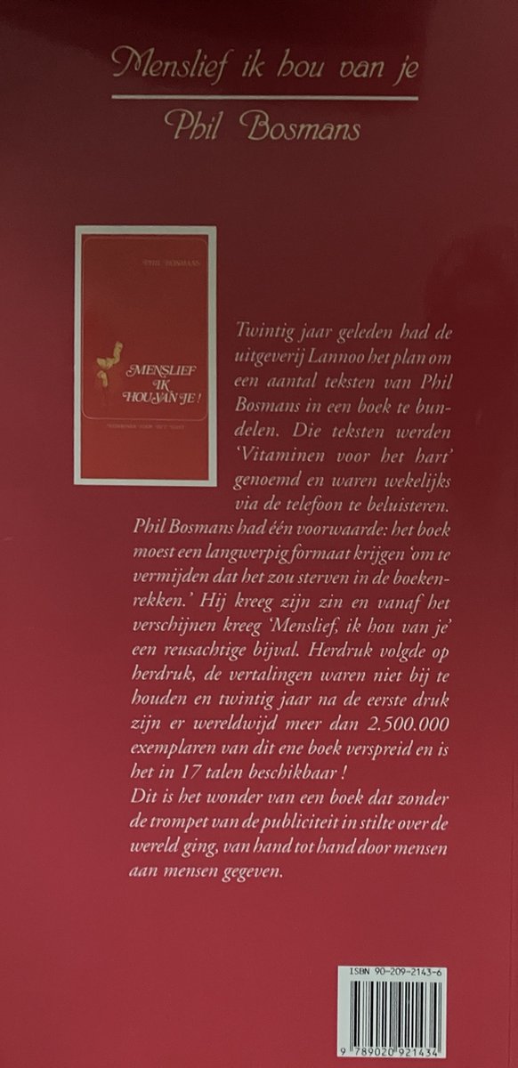 Boekomslag met de titel 'Menslief ik hou van je' van Phil Bosmans in gouden letters. Rechts staat tekst over het boek.