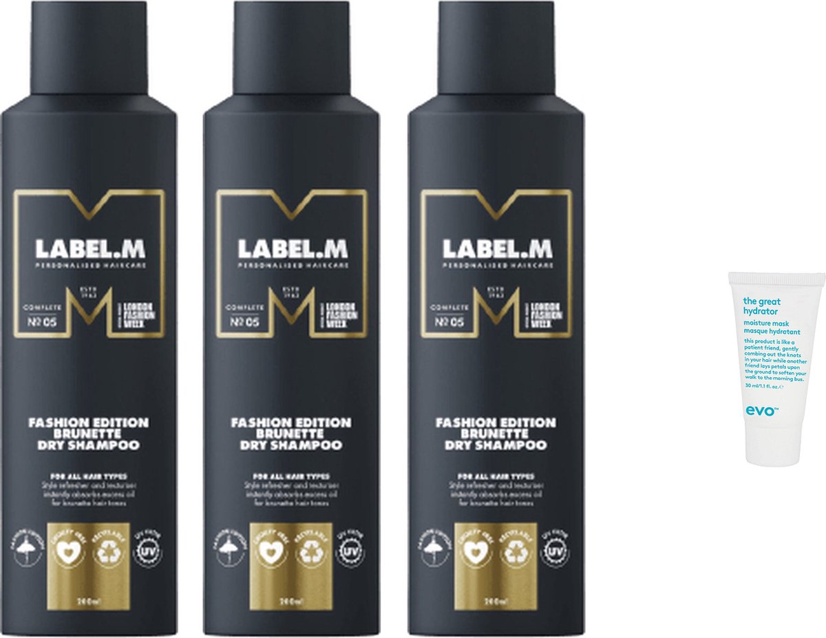3 x Label.M Fashion Edition Brunette Dry Shampoo 200ML + WILLEKEURIG Travel Size
