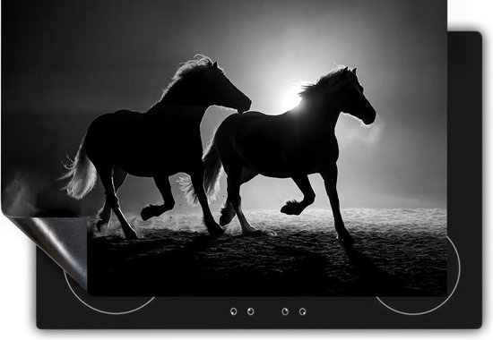 Chefcare Inductie Beschermer Silhouet van Twee Paarden - Zwart Wit - 80,2x52,2 cm - Afdekplaat Inductie - Kookplaat Beschermer - Inductie Mat