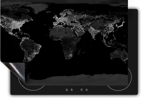 Chefcare Inductie Beschermer Wereldkaart met Licht Observaties - Zwart Wit - 59x51 cm - Afdekplaat Inductie - Kookplaat Beschermer - Inductie Mat