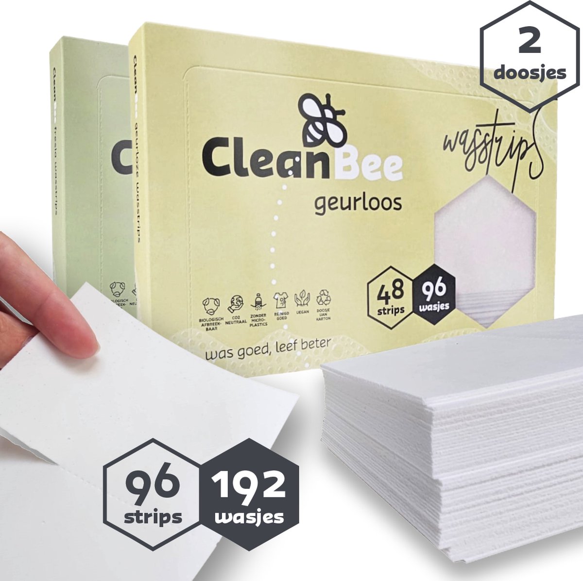 CleanBee® proefpakket 2 x 96 wasbeurten - Geurloos - Fresia - Wasdoekjes - Wasmiddel Voordeelverpakking - Eco - Wasstrips - Duurzaam - Plasticvrij -