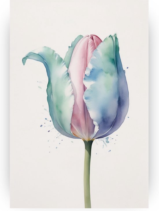 Tulp in aquarel poster - Bloemen wanddecoratie - Poster tulpen - Muurdecoratie industrieel - Poster slaapkamer - Wanddecoratie woonkamer - 50 x 70 cm