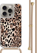 Casimoda® - Coque iPhone 15 Pro avec cordon beige - Imprimé léopard marron - Cordon amovible - TPU/polycarbonate