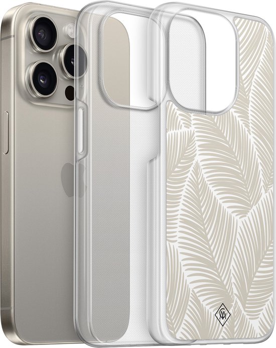 Coque silicone iPhone 15 Pro Max - Feuilles de palmier beige - Casimoda® Coque hybride 2 en 1 - Antichoc - Naturel - Bords relevés - Marron/beige, Transparent