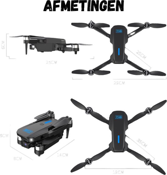 Afmetingen van een zwarte opvouwbare drone, zowel uitgevouwen als opgevouwen.