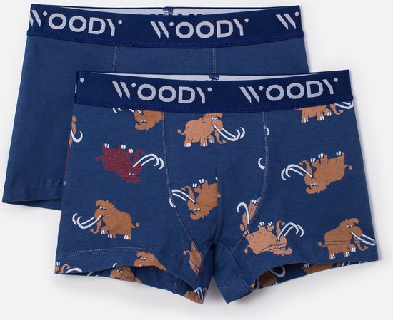 Woody duopack boxershort jongens - mammoet + effen donkerblauw -232-10-CLD-Z/017- maat 176