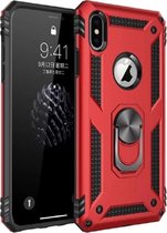 Apple iPhone X/XS Rood Shockproof Militairy Hybrid Armour Case Hoesje Met Kickstand Ring - Apple iPhone X/XS Rood - Extreem Stevige Anti-Shock Hard Rugged Cover Bumper Hoes Met Magnetische Ringhouder - Stevige Shock Proof Backcover - Zwart