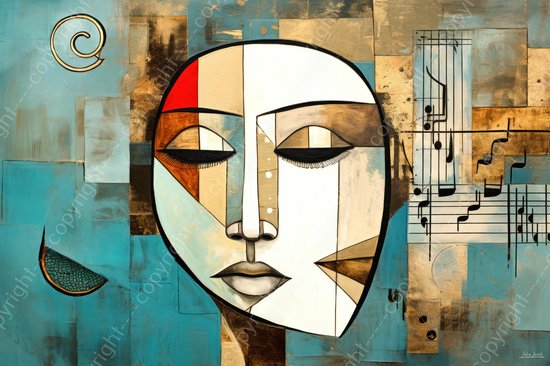 JJ-Art (Glas) 60x40 | Vrouw, gezicht, muziek, abstract, surrealisme, kubisme, Picasso, stijl, kunst | mens, muzieknoten, blauw, bruin, rood, wit, modern | Foto-schilderij-glasschilderij-acrylglas-acrylaat-wanddecoratie