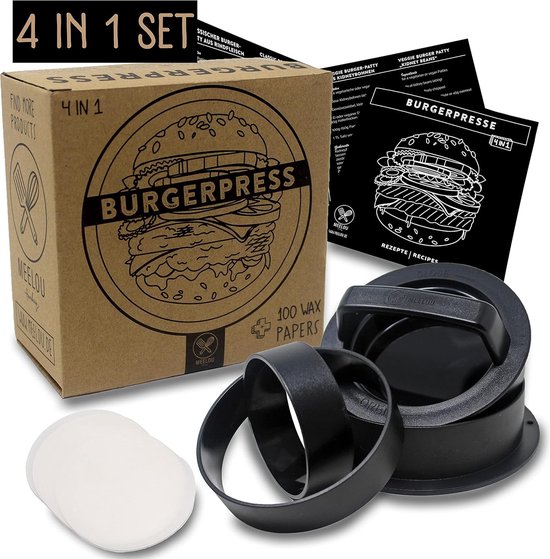 Presse à Hamburgers En Aluminium Antiadhésive + 100 Feuilles De Papier Ciré - Pour BBQ, Cuisine Maison - 10