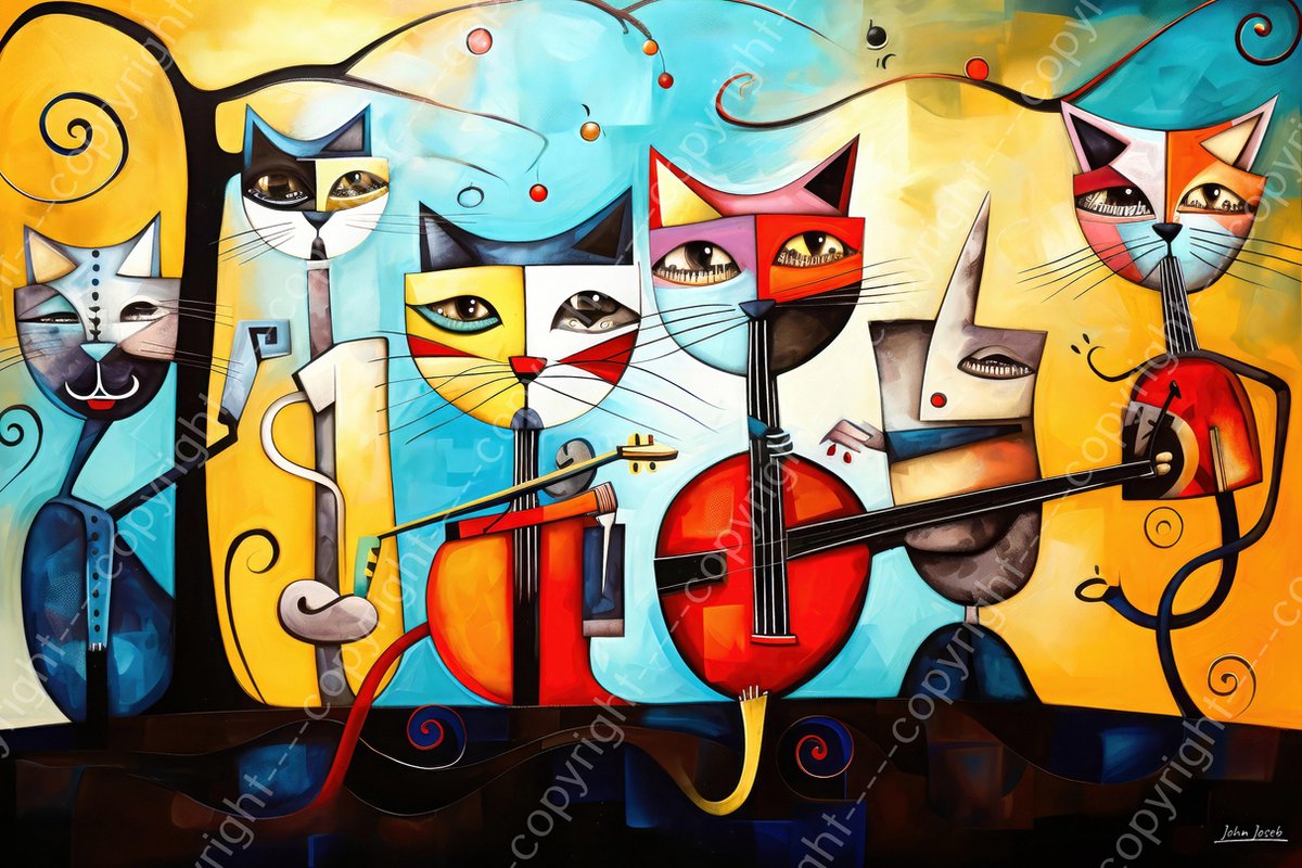 John Joseb Art (Canvas) 120x80 | Poezen maken muziek, abstract, surrealisme, Joan Miro stijl, kunst | poes, kat, gitaar, viool, blauw, bruin, rood, modern | Foto-Schilderij canvas print (wanddecoratie)