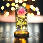 AliRose - Luxe Roos in Stolp - Roze met Groen - Houten Basis - LED Roos - Valentijn - Romantiek - Liefde - Amor - Laat Je Liefde Stralen!