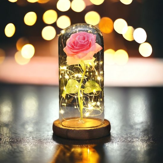 AliRose - Luxe Roos in Stolp - Roze met Groen - Houten Basis - LED Roos - Valentijn - Romantiek - Liefde - Amor - Laat Je Liefde Stralen!