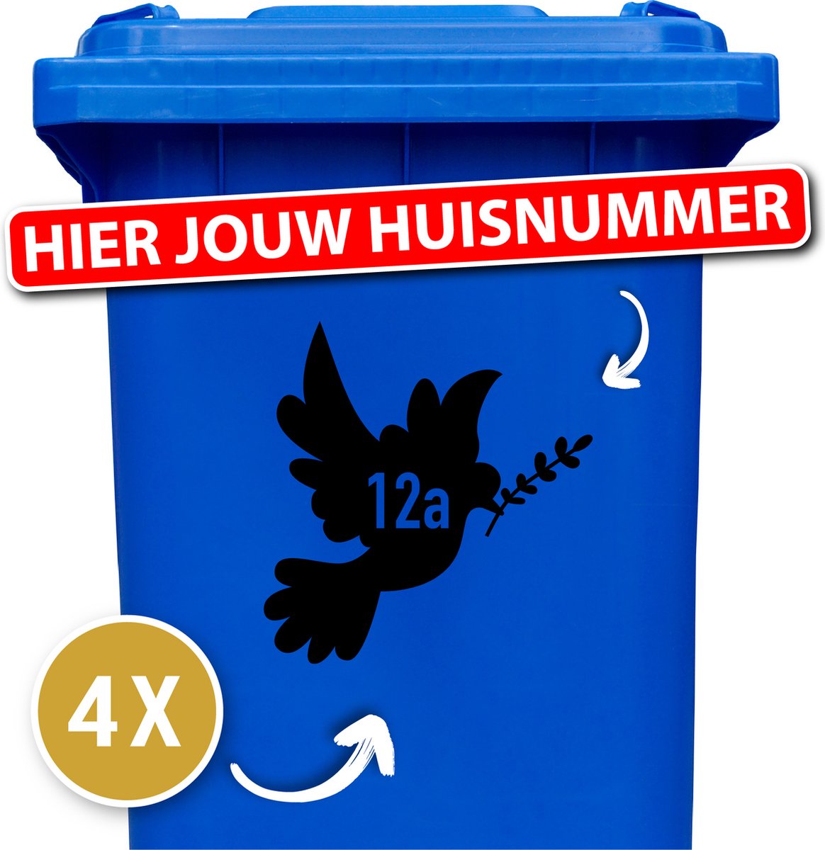 Container Sticker Huisnummer + Duif 4 Stuks - Zwart - 20 x 20 cm - kliko Sticker Voordeelset - Containerstickers - Weerbestendige Stickers - Containersticker Huisnummer - klikostickers - Kliko Sticker Huisnummer - Kliko Sticker Dieren