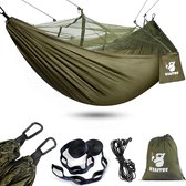 hangmat outdoor met muggennet, lichte nylon hangmat voor rugzaktochten, kamperen, wandelen en strandavonturen, draagvermogen 440 kg