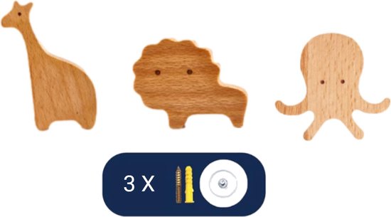 &ERGY kinder kapstok - Set van 3 haakjes - Beukenhout - Kinderkamer - Wandhaak - Kinderkapstok haakjes - Wandkapstok - Giraf - Leeuw - Octopus