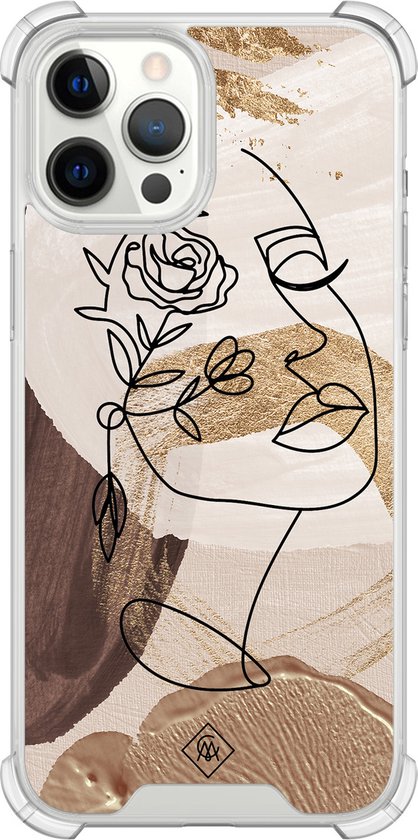 Casimoda® hoesje - Geschikt voor iPhone 12 Pro Max - Abstract Gezicht Bruin - Shockproof case - Extra sterk - TPU/polycarbonaat - Bruin/beige, Transparant