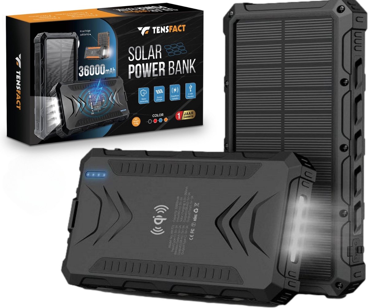 Tensfact® Solar Powerbank 36000 mAh Wireless Charger - Powerbank Zonneenergie - Snellader Iphone Samsung - USB & USB-C - Zwart